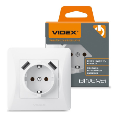 Розетка одинарная с заземлением и 2USB белая Videx binera