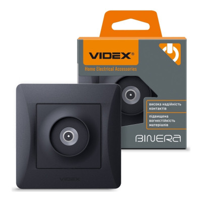 Розетка TV одинарная телевизионная черный графит Videx binera