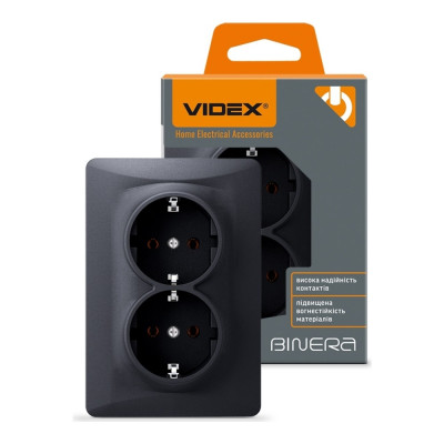 Розетка двойная с заземлением черный графит Videx binera