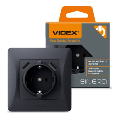 Розетка одинарная с заземлением и 2USB черный графит Videx binera