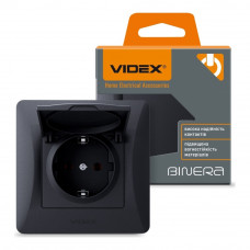 Розетка одинарная с заземлением и крышкой черный графит Videx binera