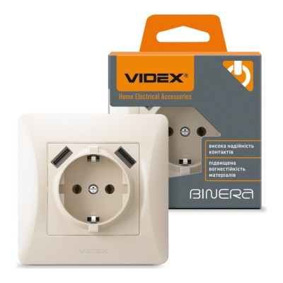 Розетка одинарная с заземлением и 2USB кремовая Videx binera