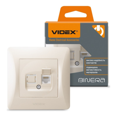 Розетка CAT6 одинарная компьютерная кремовая Videx binera