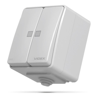 IP65 Выключатель наружный двухклавишный с подсветкой серый Videx binera